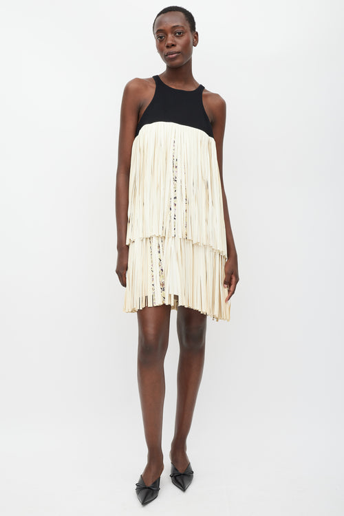 Giambattista Valli Black & Cream Leather Tiered Fringe Dress