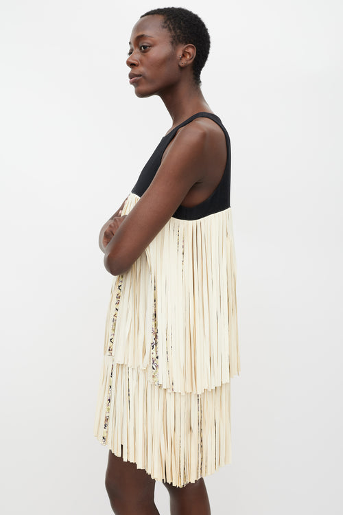 Giambattista Valli Black & Cream Leather Tiered Fringe Dress