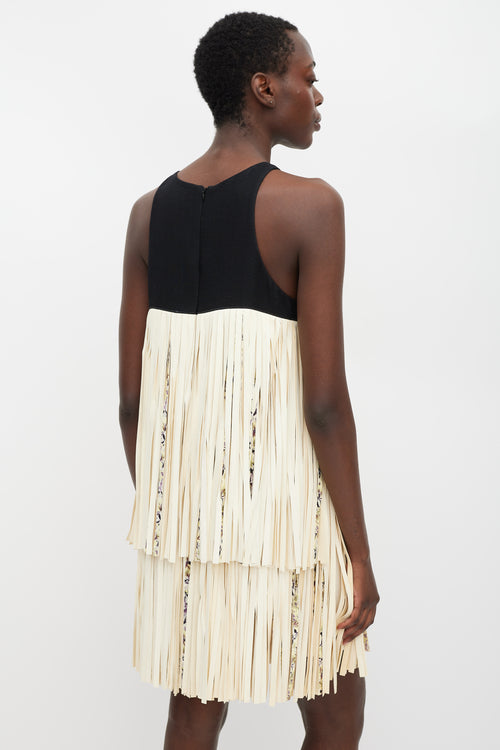 Giambattista Valli Black & Cream Leather Tiered Fringe Dress