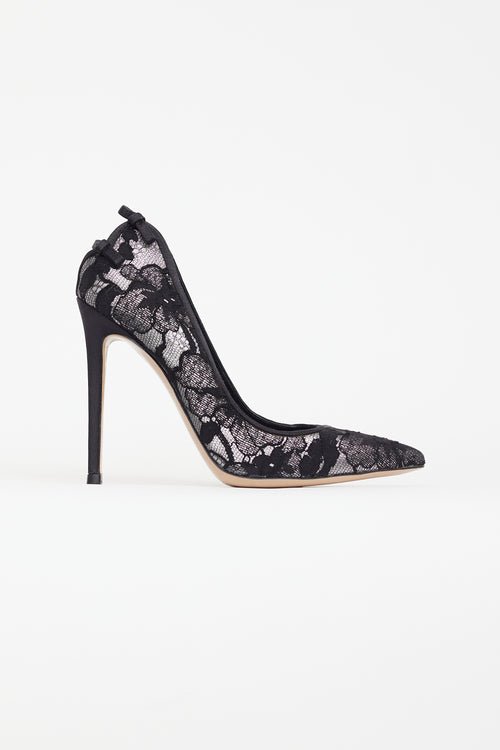 Gianvito Rossi Black & Silver Floral Lace  Heel