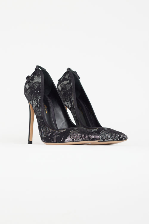 Gianvito Rossi Black & Silver Floral Lace  Heel