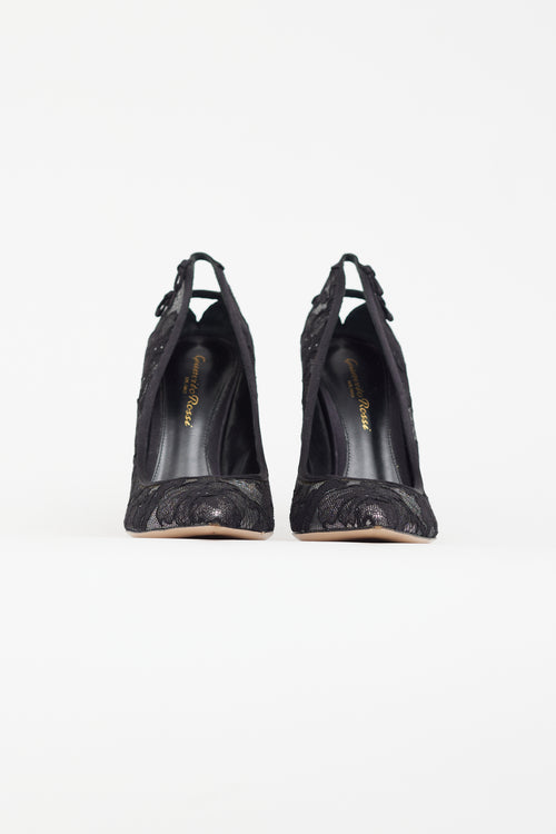 Gianvito Rossi Black & Silver Floral Lace  Heel
