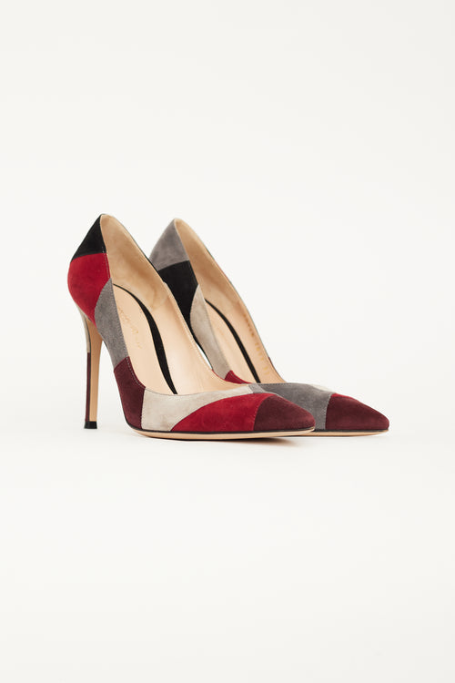 Gianvito Rossi Burgundy & Grey Suede Crosby Patchwork Pump