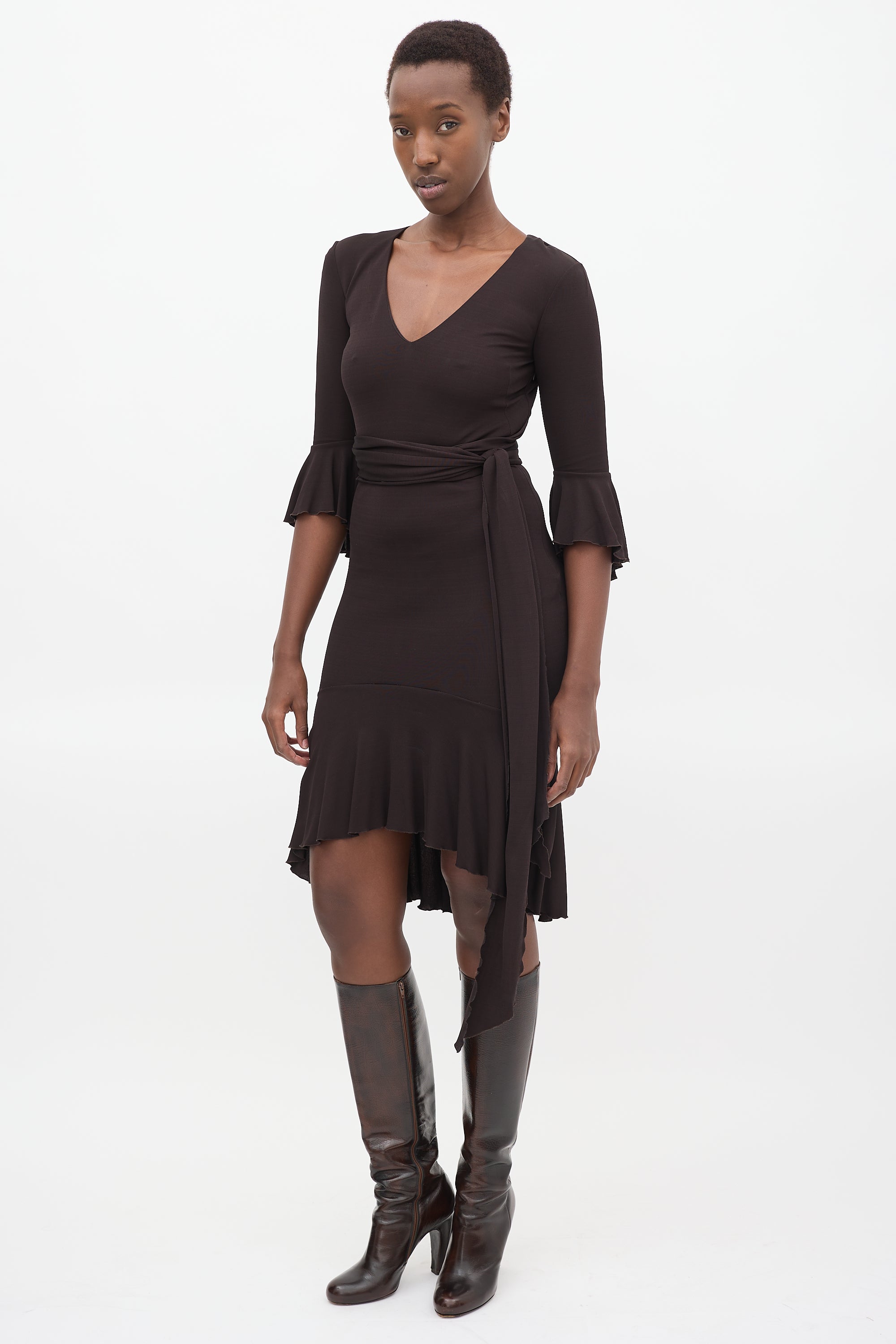 Givenchy Brown Flouncy V-Neck Midi Dress