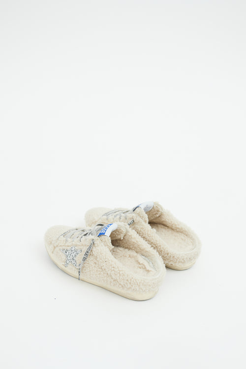 Golden Goose Cream & Silver Shearling Sabot Sneaker Mule