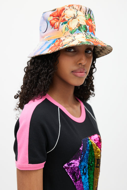 Gucci Beige & Multicolour Reversible Floral Monogram Bucket Hat