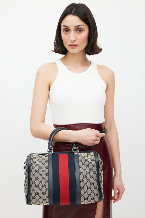 Gucci Brown & Navy Monogram Boston Webbed Bag