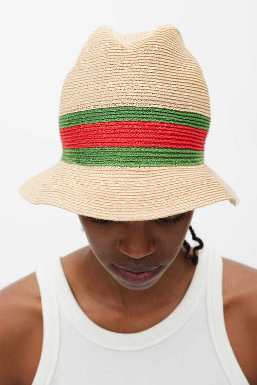 Gucci Beige Green & Red Straw Web Bucket Hat