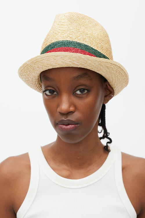 Gucci Beige Green & Red Straw Web Fedora