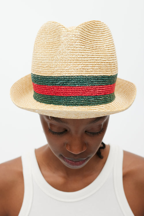 Gucci Beige Green & Red Straw Web Fedora