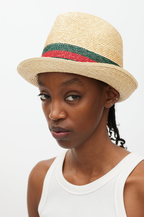Gucci Beige Green & Red Straw Web Fedora