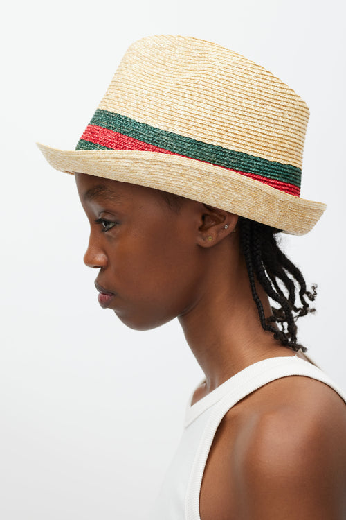 Gucci Beige Green & Red Straw Web Fedora