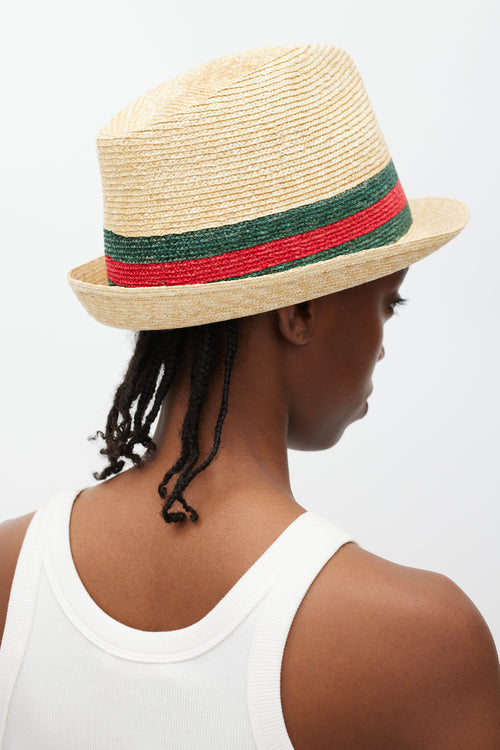 Gucci Beige Green & Red Straw Web Fedora