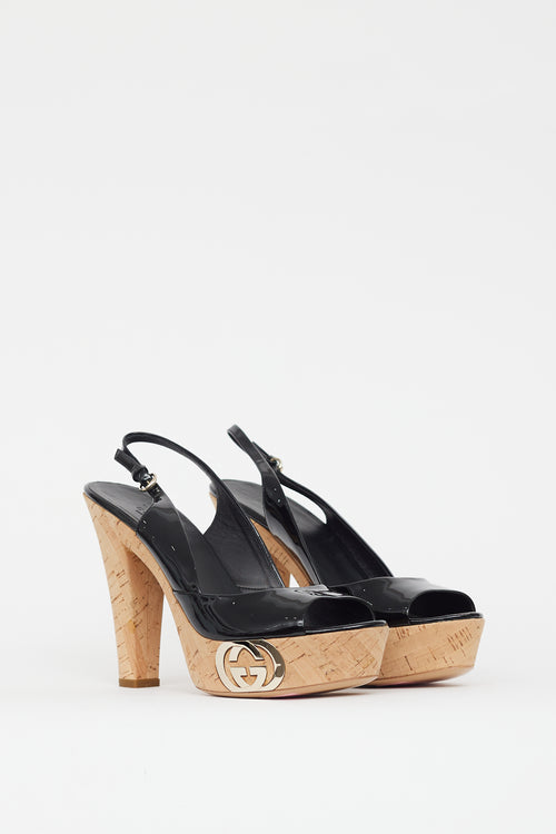 Gucci Black & Beige Cork Patent Sandal