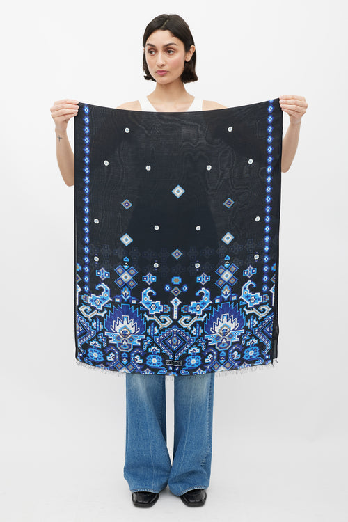 Gucci Black & Blue Pixel Printed Silk Scarf