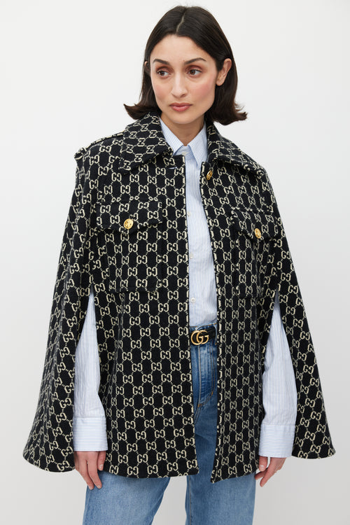 Gucci Black & White Wool Monogram Cape