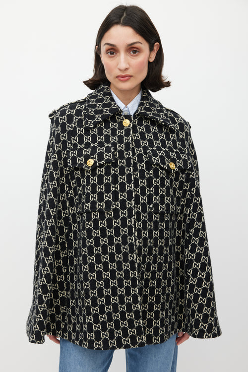 Gucci Black & White Wool Monogram Cape