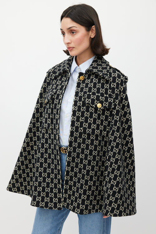 Gucci Black & White Wool Monogram Cape