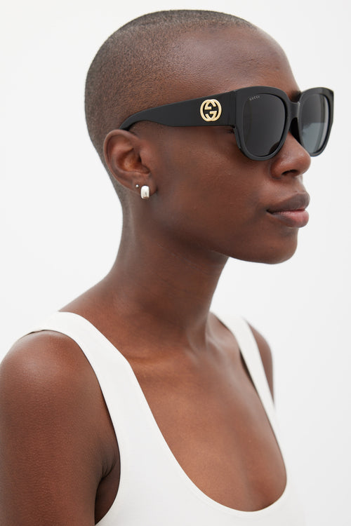 Gucci Black & Gold Interlocking GG GG0142SAN Sunglasses