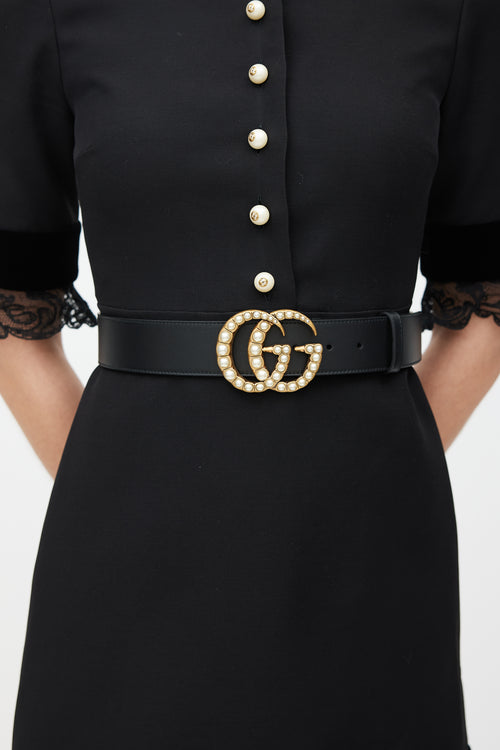 Gucci Black & Gold Leather Marmont Pearl Belt