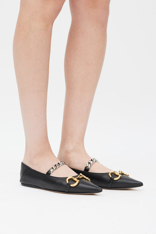 Gucci Black & Multicolour Horsebit & Chain Leather Ballet Flat