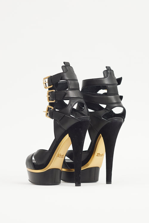 Gucci Black & Gold Leather Platform Sandal