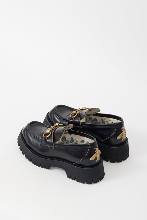 Gucci Black & Gold Leather Embroidered Lug Sole Loafer