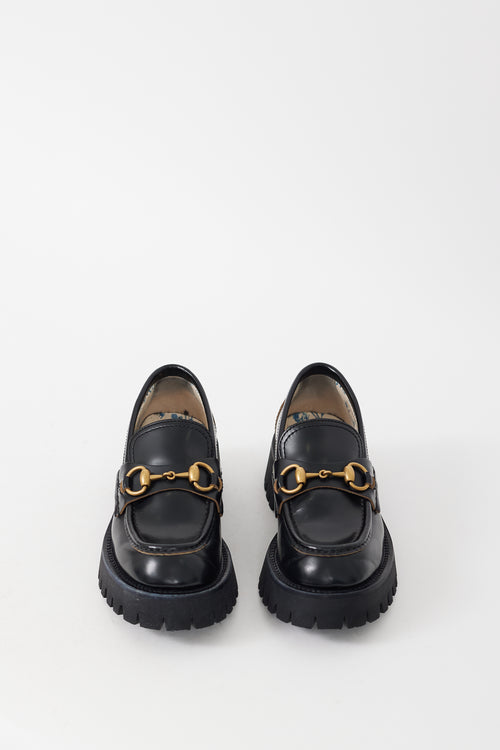 Gucci Black & Gold Leather Embroidered Lug Sole Loafer