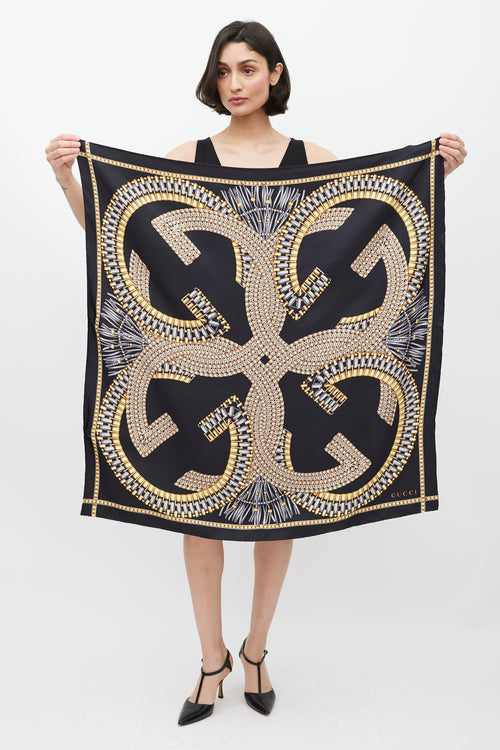 Gucci Black & Multi GG Link Printed Silk Scarf