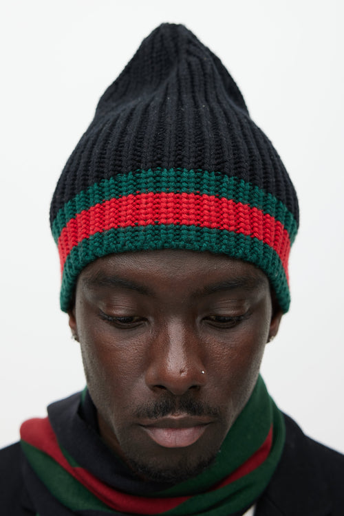 Gucci Black & Multicolour Wool Striped Beanie