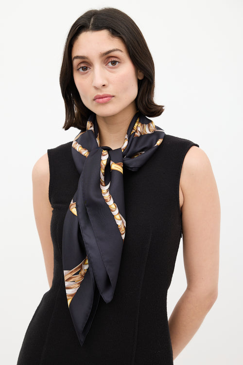 Gucci Black & Multi Silk Braided Hardware Printed Scarf