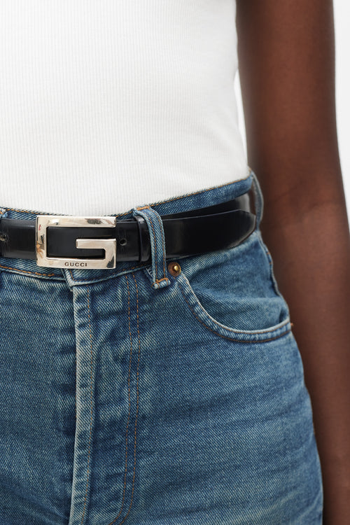 Gucci Black & Silver Spazzolato Leather Logo Belt