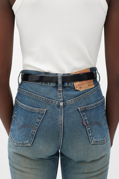Gucci Black & Silver Spazzolato Leather Logo Belt