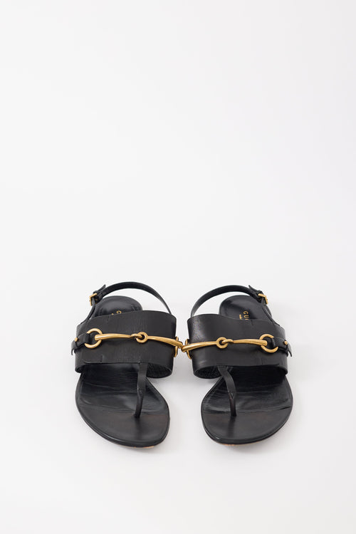 Gucci Black Leather & Gold Hardware T-Strap Sandal