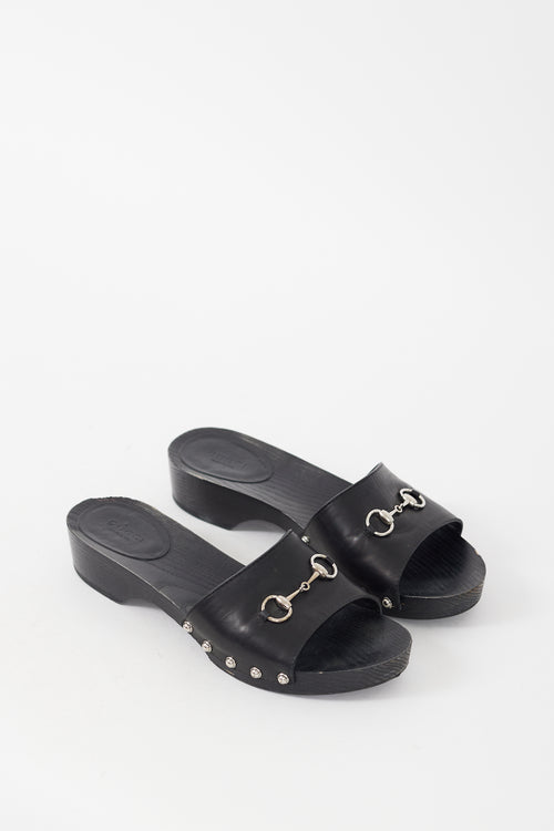Gucci Black & Silver Leather & Wood Slide