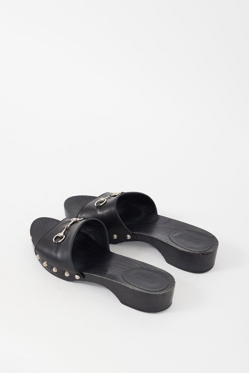 Gucci Black & Silver Leather & Wood Slide