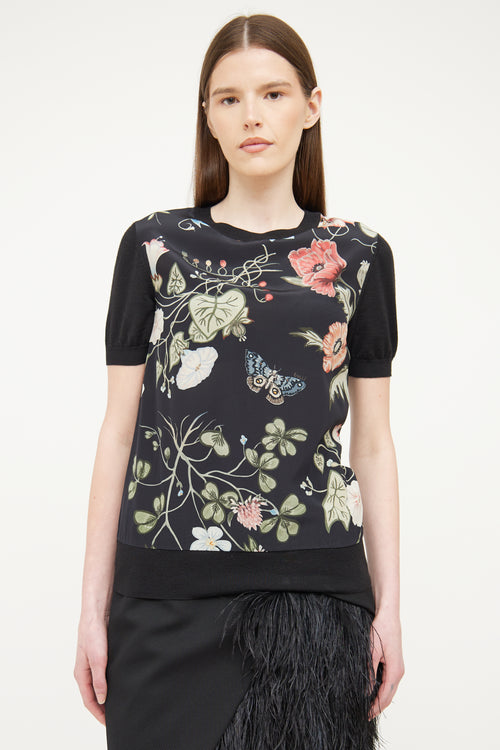 Gucci Black Silk & Wool Floral Print Top