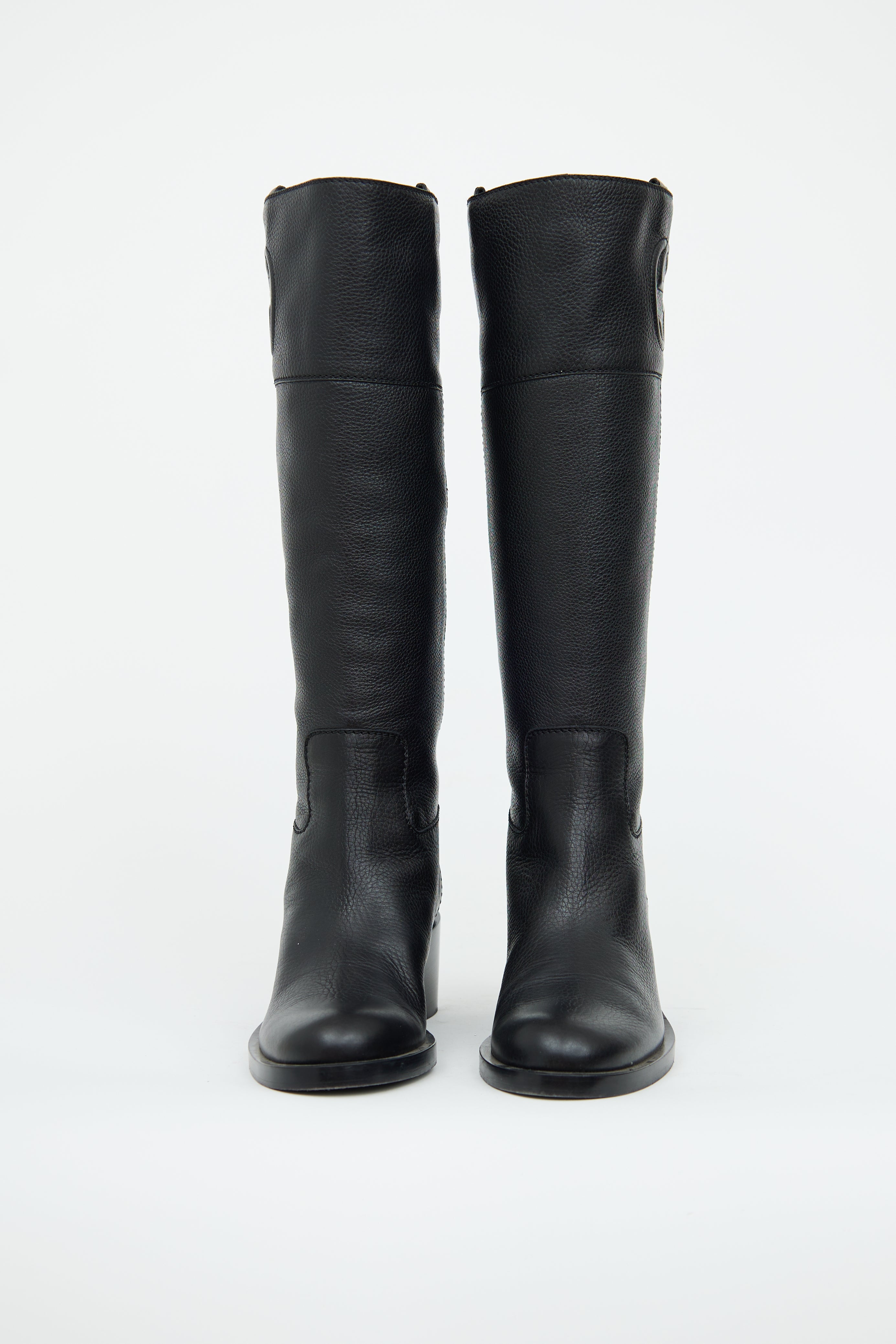 Gucci Black Tall Grain Leather GG Logo Boot