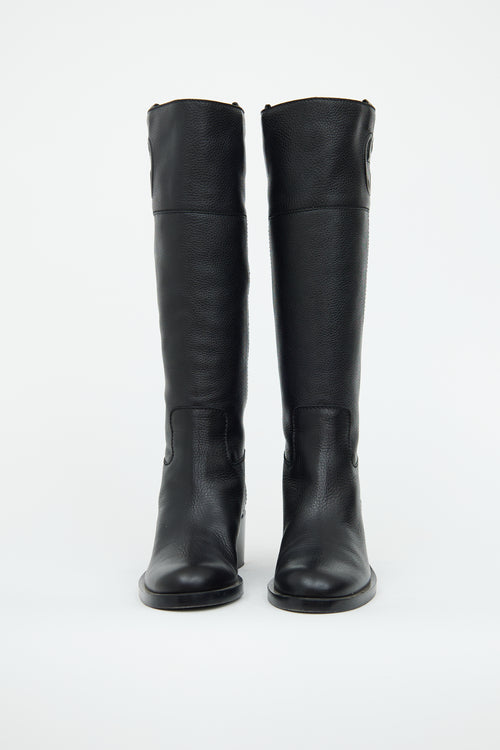 Gucci Black Tall Grain Leather GG Logo Boot
