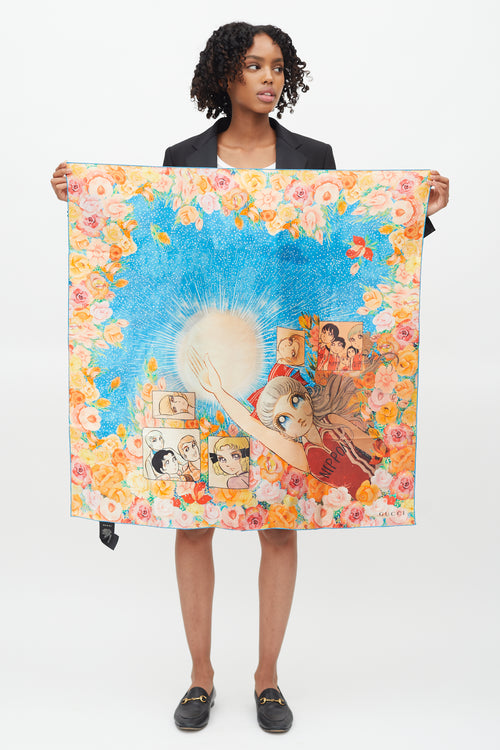 Gucci Blue & Multi Silk Viva! Volleyball Manga Scarf