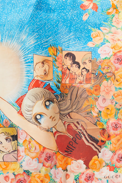 Gucci Blue & Multi Silk Viva! Volleyball Manga Scarf