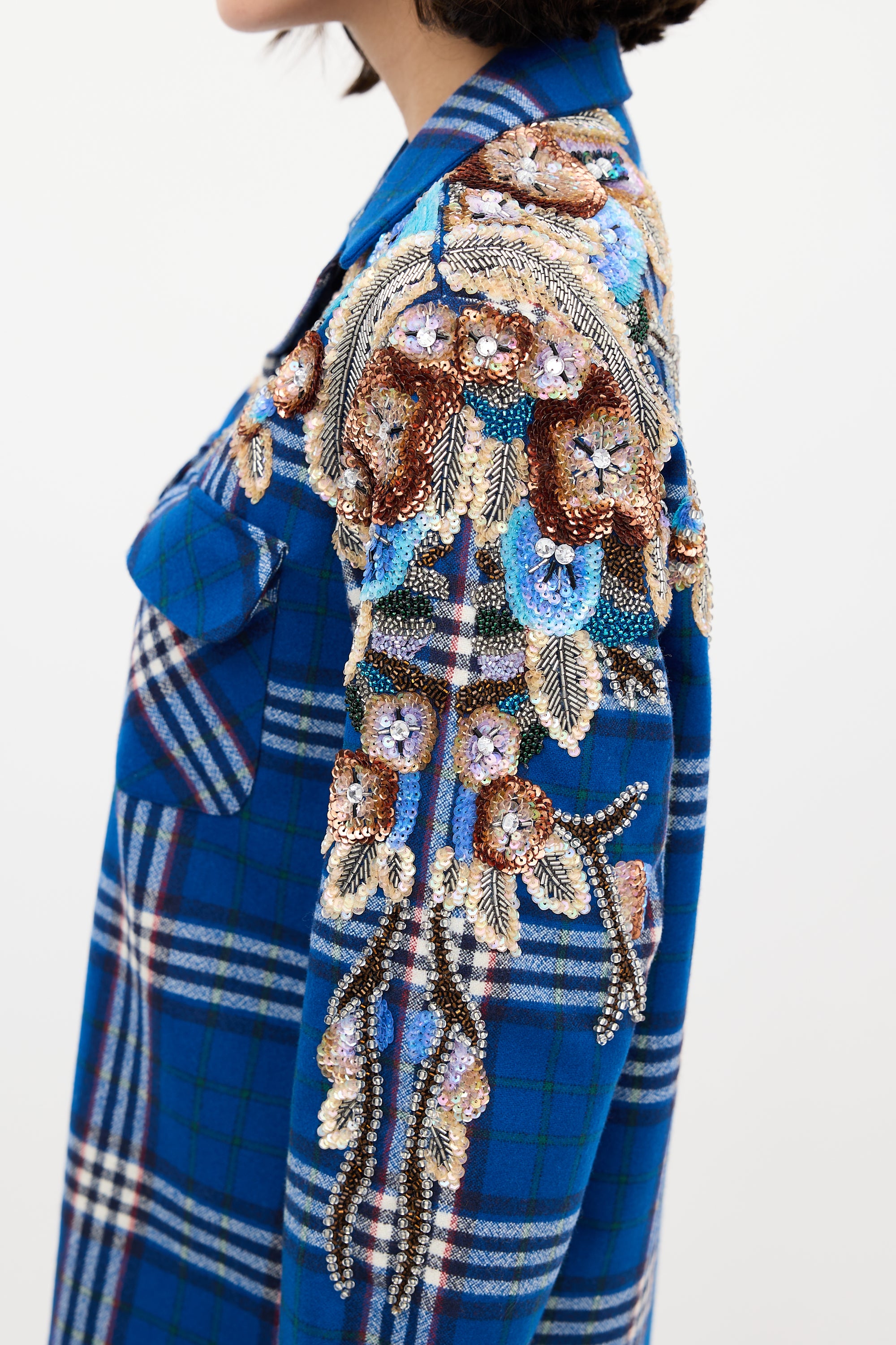 Gucci Blue & Multi Wool Check Embellished Shirt