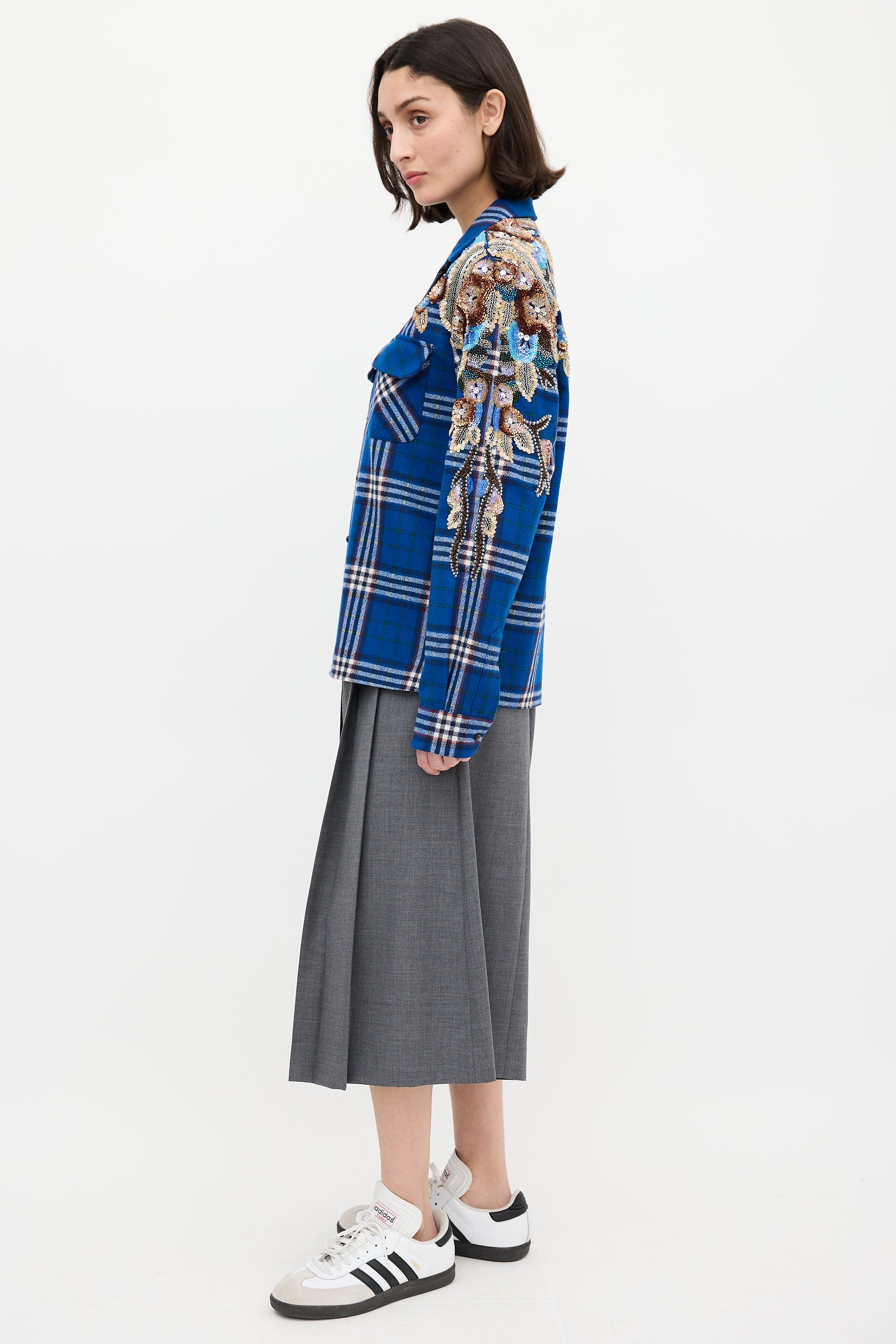 Gucci Blue & Multi Wool Check Embellished Shirt