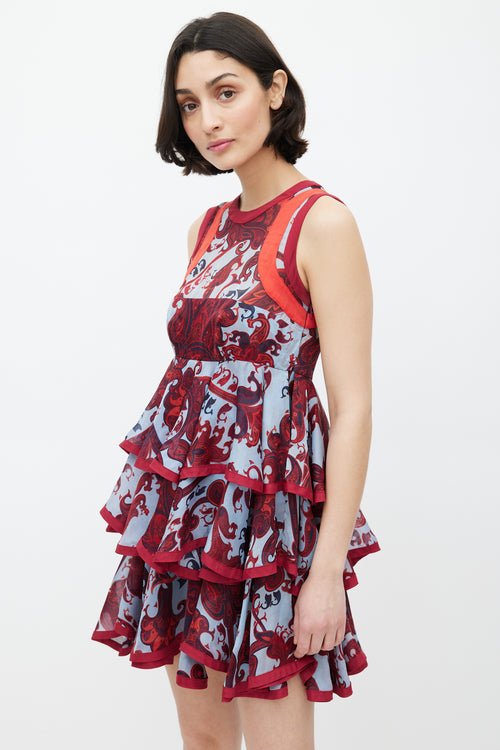 Gucci Blue & Red Silk Paisley Tiered Dress