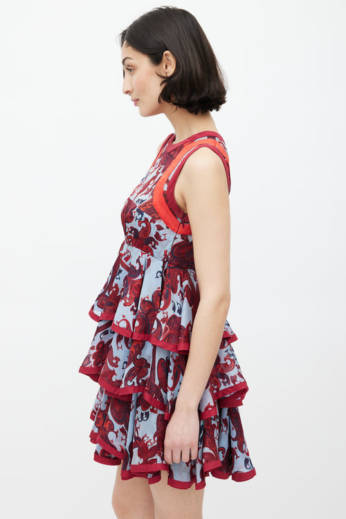 Gucci Blue & Red Silk Paisley Tiered Dress