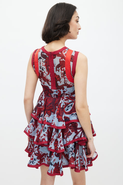 Gucci Blue & Red Silk Paisley Tiered Dress