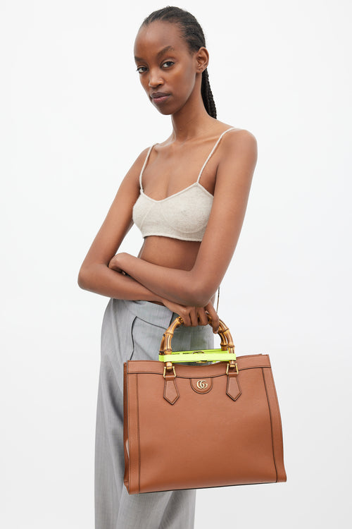 Gucci Brown & Neon Yellow Leather Diana Bamboo Medium Bag