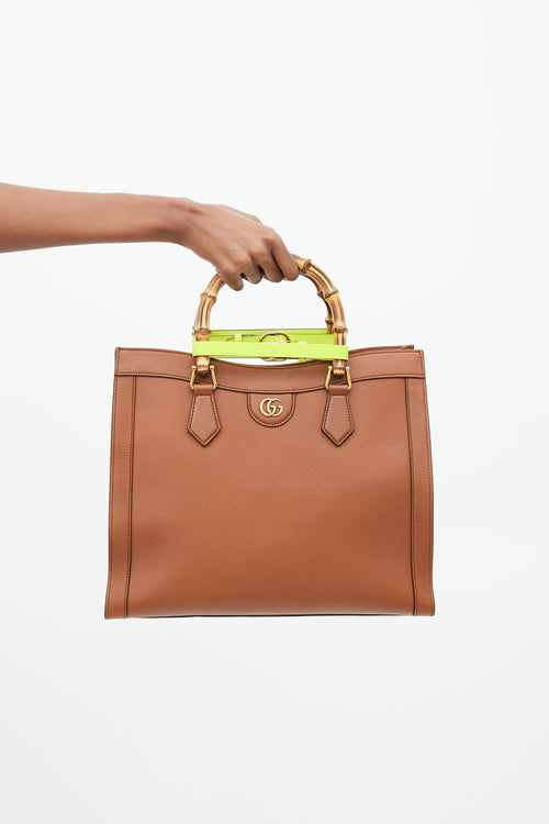 Gucci Brown & Neon Yellow Leather Diana Bamboo Medium Bag