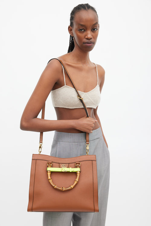 Gucci Brown & Neon Yellow Leather Diana Bamboo Medium Bag