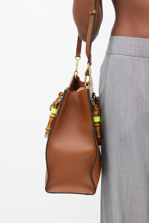 Gucci Brown & Neon Yellow Leather Diana Bamboo Medium Bag